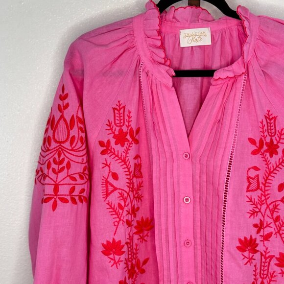 Tallulah Kate Boutique Bright Pink Linen/Cotton Embroidered Peasant Blouse SZ S - Picture 2 of 11
